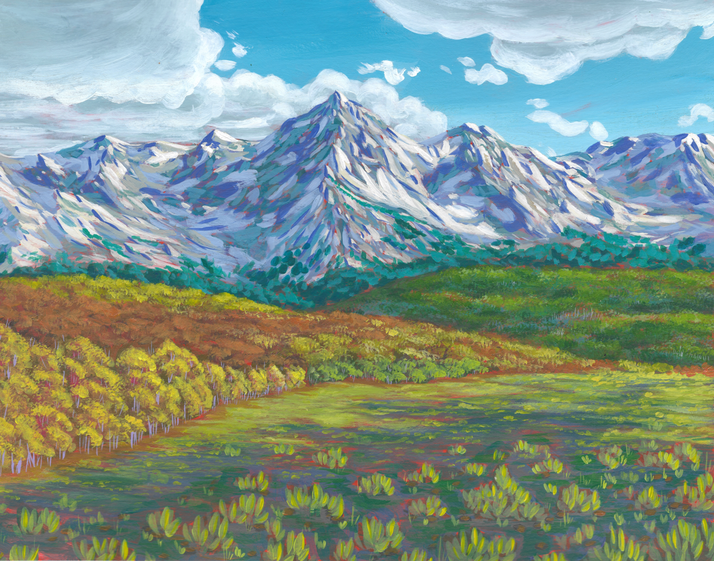 Acrylic painting of mountain and valley.