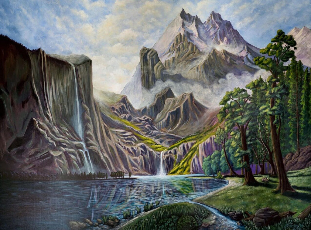 Painting of a mountain landscape with a waterfall and trees.